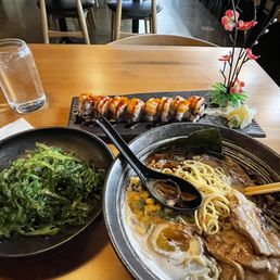 Black garlic ramen, American Dream roll & seaweed salad Black garlic ramen, American Dream roll & seaweed salad