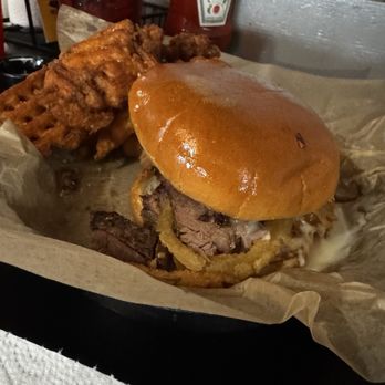 Gettin' Basted - The Austin with sweet potato waffle fries - Barbeque Near Me - Branson, Missouri Gettin' Basted - The Austin with sweet potato waffle fries - Barbeque Near Me - Branson, Missouri