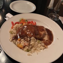 The Main Grill and Ale House - Honey Teriyaki Salmon with Rice and Red pepper and squash seasonal vegetables.
