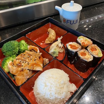 Fuji at Founders Square - Lunch Bento Box with chicken teriyaki and fiery grouper roll - Sushi Bars Near Me - Naples, Florida Fuji at Founders Square - Lunch Bento Box with chicken teriyaki and fiery grouper roll - Sushi Bars Near Me - Naples, Florida