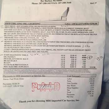 MDI Imported Car Service - This is the bill for when I had an overheated car. 1 hour of diagnostic work and they found no problem. 5 hours total labor. - Auto Repair Near Me - Bar Harbor, Maine