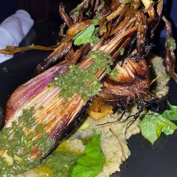 Nighthawks - Fried Spring Onion with eggplant purée - Burgers Near Me - Troy, New York