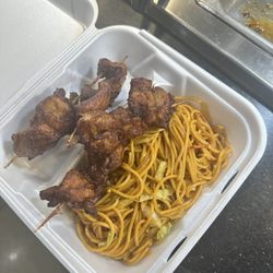 Las Vegas Seafood Buffet - Chicken on a stick with chow mein