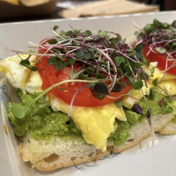 Black Market Bakers - GF avocado toast on focaccia with added scrambled eggs - Coffee & Tea Near Me - Annapolis, Maryland