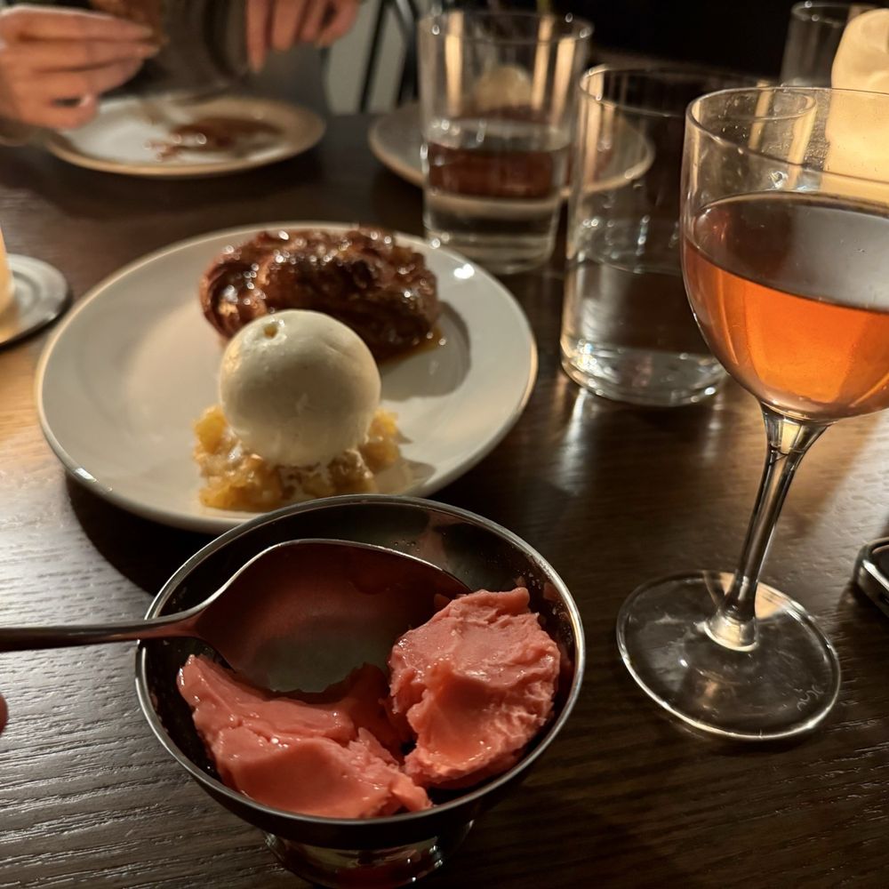 Ox Bar & Hearth - raspberry sorbet, apple fritters - New American Near Me - Chicago, Illinois