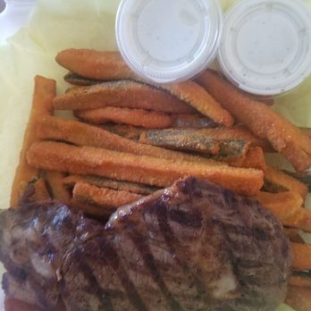 Hot Off the Grill - Rib eye steak with zucchini sticks - Burgers Near Me - Huntington Beach, California