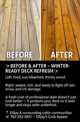 Deck Restoration - Overview:
Specializing in restoring and revitalizing weathered decks to look and perform like new.
Services Offered:
Deep cleaning and power washing
Sanding to remove splinters and old finishes
Staining and sealing to protect against the elements
Repairing damaged boards and railings
Why Choose Us?
Experienced, detail-focused team
High-quality materials and finishes
Efficient, clean, and reliable service
Contact:
Get in touch today for a free deck restoration estimate! Deck Restoration - Overview:
Specializing in restoring and revitalizing weathered decks to look and perform like new.
Services Offered:
Deep cleaning and power washing
Sanding to remove splinters and old finishes
Staining and sealing to protect against the elements
Repairing damaged boards and railings
Why Choose Us?
Experienced, detail-focused team
High-quality materials and finishes
Efficient, clean, and reliable service
Contact:
Get in touch today for a free deck restoration estimate!