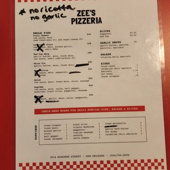 Zee’s Pizzeria - paper menu - Pizza Near Me - New Orleans, Louisiana Zee’s Pizzeria - paper menu - Pizza Near Me - New Orleans, Louisiana