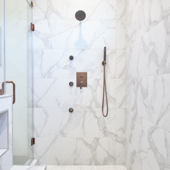 STL-HD Construction & Design - Shower Remodel in Roseville, CA. Gold finish fixtures, hexagon mosaic shower pan tile, marble shower wall tile, niche and bench. - Flooring Near Me STL-HD Construction & Design - Shower Remodel in Roseville, CA. Gold finish fixtures, hexagon mosaic shower pan tile, marble shower wall tile, niche and bench. - Flooring Near Me