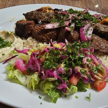 Karam - Combo of chicken, kefta, and beef kabobs with rice and salad - Mediterranean Near Me - San Francisco, California