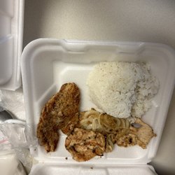 Maggie’s Place Latin Cafe - Chicken Breast meal with White Rice - not pictured is a half filled container of yuca and soupy black beans