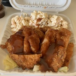 Chicken Katsu with 3 scoops of Macaroni salad because why not Chicken Katsu with 3 scoops of Macaroni salad because why not