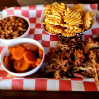 Smok'n Crew Barbecue - Pulled pork w/ whiskey glazed carrots, baked beans and waffle fries. - Barbeque Near Me - Mooresville, Indiana Smok'n Crew Barbecue - Pulled pork w/ whiskey glazed carrots, baked beans and waffle fries. - Barbeque Near Me - Mooresville, Indiana