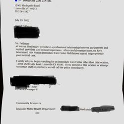 Norton Immediate Care Center - Middletown - Letter telling me not to return
