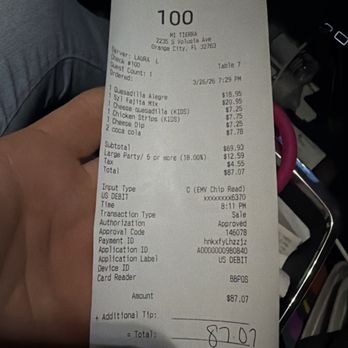 Mi Tierra Authentic Mexican Restaurant - THEFT. In the picture 4 meals purchased and an added gratuity mandated for tables of 6 or more. On top of GOD AWFUL SERVICE. - Mexican Near Me - Orange City, Florida Mi Tierra Authentic Mexican Restaurant - THEFT. In the picture 4 meals purchased and an added gratuity mandated for tables of 6 or more. On top of GOD AWFUL SERVICE. - Mexican Near Me - Orange City, Florida