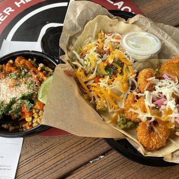 Torchy's Tacos - Street corn (way too salty), Trailer Park, and Scallywag - Tex-Mex Near Me - Houston, Texas