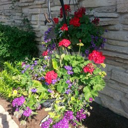 a hanging basket of flowers in front of a stone wall