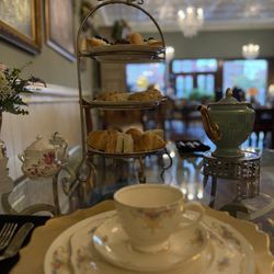 Southern Seasons - My place setting in the tea room and the tired stand with the Afternoon Tea service!! So good.