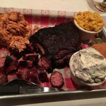 Bobbique - 3 meat combo- ribs, sausage, pulled chicken. Comes w/ corn bread and 2 sides (Mac n cheese & potato salad pictured) - Barbeque Near Me - Patchogue, New York