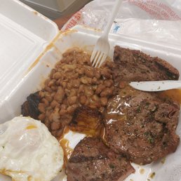 Bistec a lo pobre well seasoned. Subbed rice with extra beans Bistec a lo pobre well seasoned. Subbed rice with extra beans