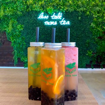 Boba Box - L-R: Passion fruit green tea w/ boba, Citrus green tea w/ boba, Watermelon green tea w/ boba - Coffee & Tea Near Me - Monrovia, California Boba Box - L-R: Passion fruit green tea w/ boba, Citrus green tea w/ boba, Watermelon green tea w/ boba - Coffee & Tea Near Me - Monrovia, California