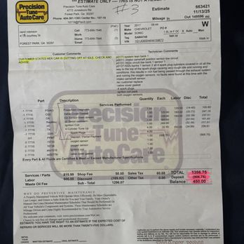 Precision Tune Auto Care - Receipt of money I paid and my car still not fixed. As you can see I walked in the door with the complaint of my vehicle cutting off. - Auto Repair Near Me - Forest Park, Georgia Precision Tune Auto Care - Receipt of money I paid and my car still not fixed. As you can see I walked in the door with the complaint of my vehicle cutting off. - Auto Repair Near Me - Forest Park, Georgia