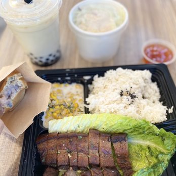 Bobacraft Cafe - Hakka Pork Belly Rice Plate with taro wheel cake, jasmine milk tea boba - Bubble Tea Near Me - Alhambra, California