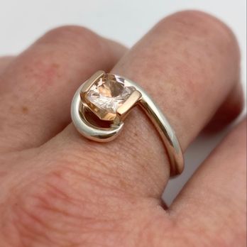 Formia Design - Wrapped cushion cut morganite in 10k rose gold and Sterling silver ring - Jewelry Near Me - Charlottesville, Virginia Formia Design - Wrapped cushion cut morganite in 10k rose gold and Sterling silver ring - Jewelry Near Me - Charlottesville, Virginia