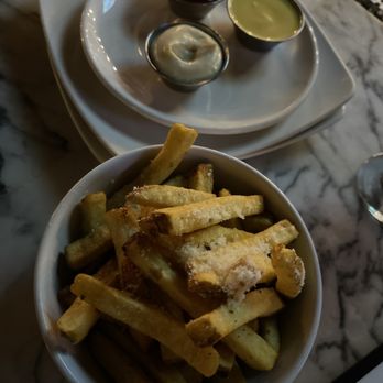 2145 Eats - Fries with Garlic Herb Salt and Parmesan. With Garlic Aioli, Honey Mustard, and Ketchup - Pizza Near Me - Costa Mesa, California