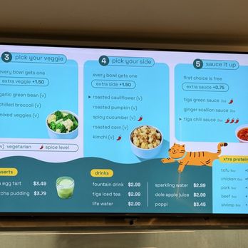 Tigawok - Veggie, side, and sauce options for the build-your-own bowls. - Chinese Near Me - Burbank, California