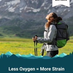 Alpine Oxygen - Backpacker exploring a mountain landscape with text noting that using less oxygen can place more strain on the body.