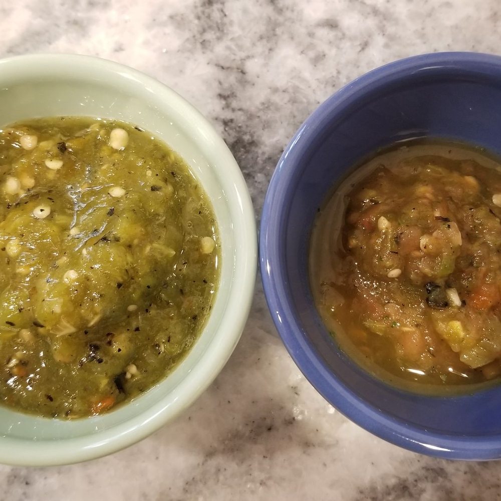 Tamales Irma - Their homemade green and red salsa - green is spicier. 7/19/2020 - Mexican Near Me - Santa Ana, California