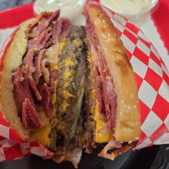 Legends Burgers - DBL Pastrami Burger. Better get a lot of Napkins and a fork. It's a big Sandwich. A little challenging to eat it all with your Hands. - Burgers Near Me - Upland, California