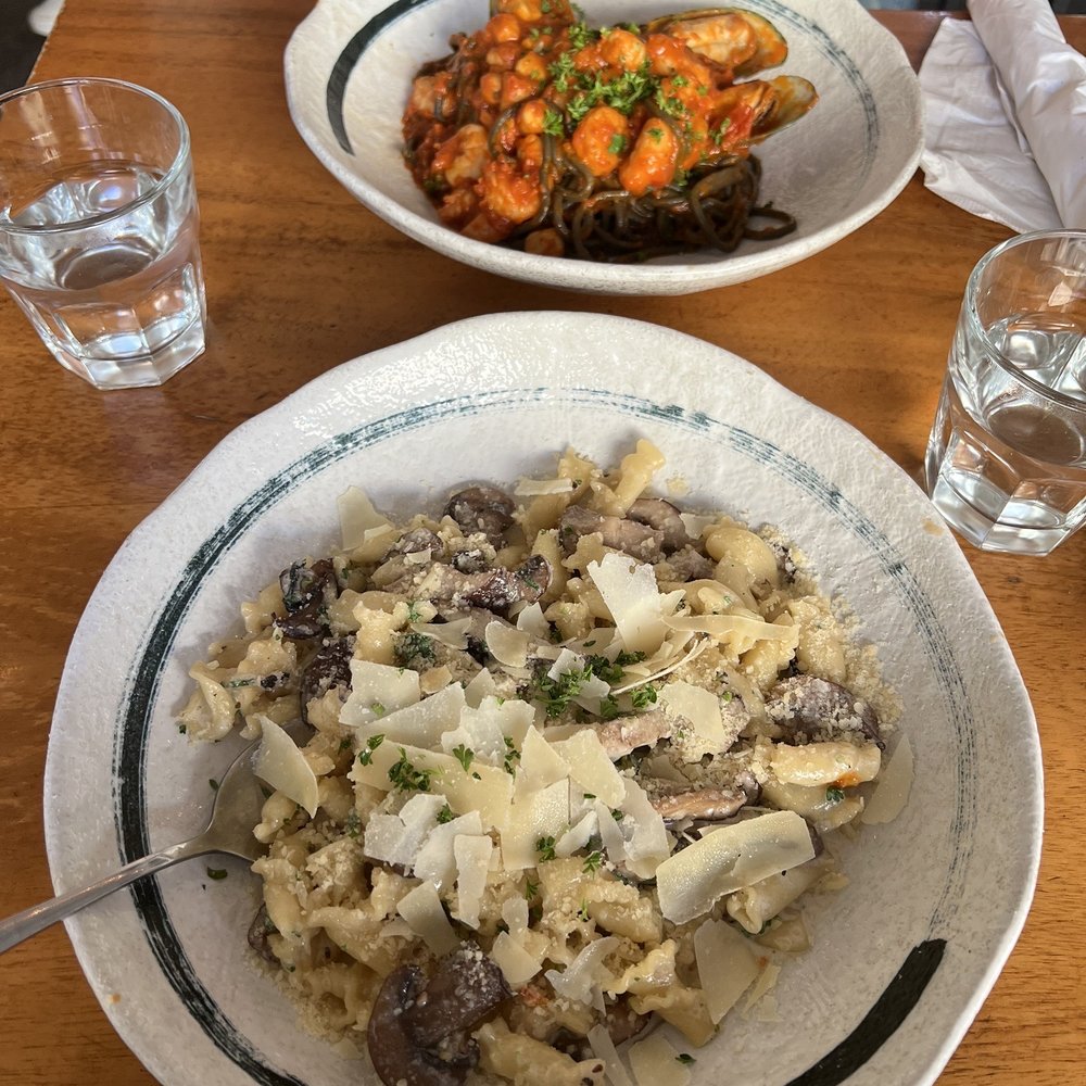 Brava Garden Eatery - Rigatoni Monterey Mushroom (front) and Squid Ink Spaghetti (back) - Wine Bars Near Me - Pleasanton, California Brava Garden Eatery - Rigatoni Monterey Mushroom (front) and Squid Ink Spaghetti (back) - Wine Bars Near Me - Pleasanton, California