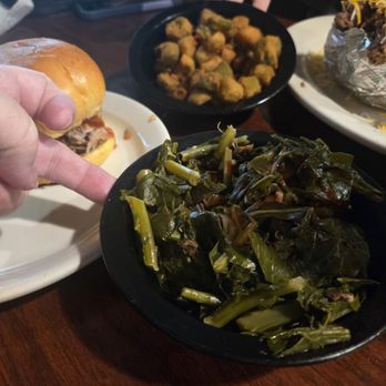 Williamson Bros Bar-B Q - Pulled pork sandwich, collard greens, fried okra, stuffed baked potato - Barbeque Near Me - Canton, Georgia Williamson Bros Bar-B Q - Pulled pork sandwich, collard greens, fried okra, stuffed baked potato - Barbeque Near Me - Canton, Georgia