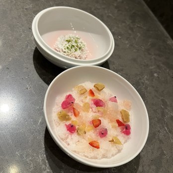 Restaurant Ki - Omija granita with candied pine nuts and caramelized milk jam - Korean Near Me - Los Angeles, California Restaurant Ki - Omija granita with candied pine nuts and caramelized milk jam - Korean Near Me - Los Angeles, California