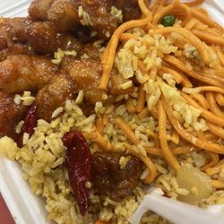 Panda Garden - Combo with orange chicken, chow mein and rice. About $10