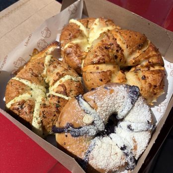 Bloom Bagels - Top: classic Left: garlic asiago Right: chili oil Bottom: ube almond - Bagels Near Me - Campbell, California Bloom Bagels - Top: classic Left: garlic asiago Right: chili oil Bottom: ube almond - Bagels Near Me - Campbell, California