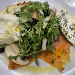 Dominique's Kitchen - House cured salmon gravlax with burrata and arugula salad