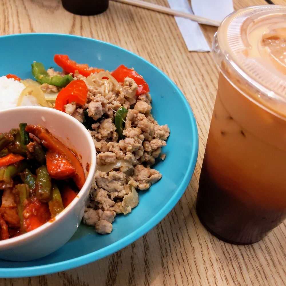Thai Iced Tea with Two-Item Lunch Special: Basil Chicken and Spicy String Bean Tofu.