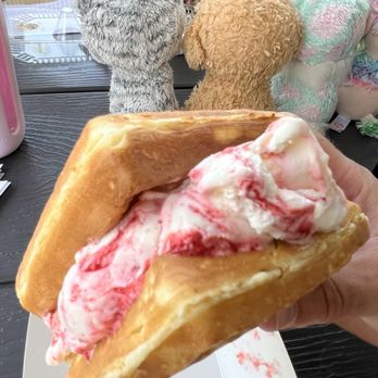 Hilltop Creamery - This shit SLAPPED. Belgian waffle with strawberry cheesecake ice cream. Absolutely divine. - Ice Cream & Frozen Yogurt Near Me - Gloucester Township, New Jersey