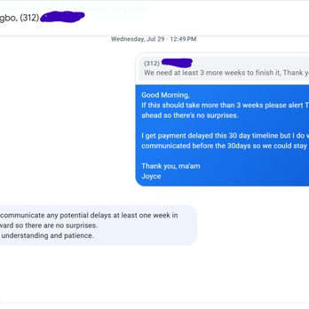 Wind Bay - Text Thread of ME ASKING for contact if there are any delays - Kitchen & Bath Near Me - Chicago, Illinois