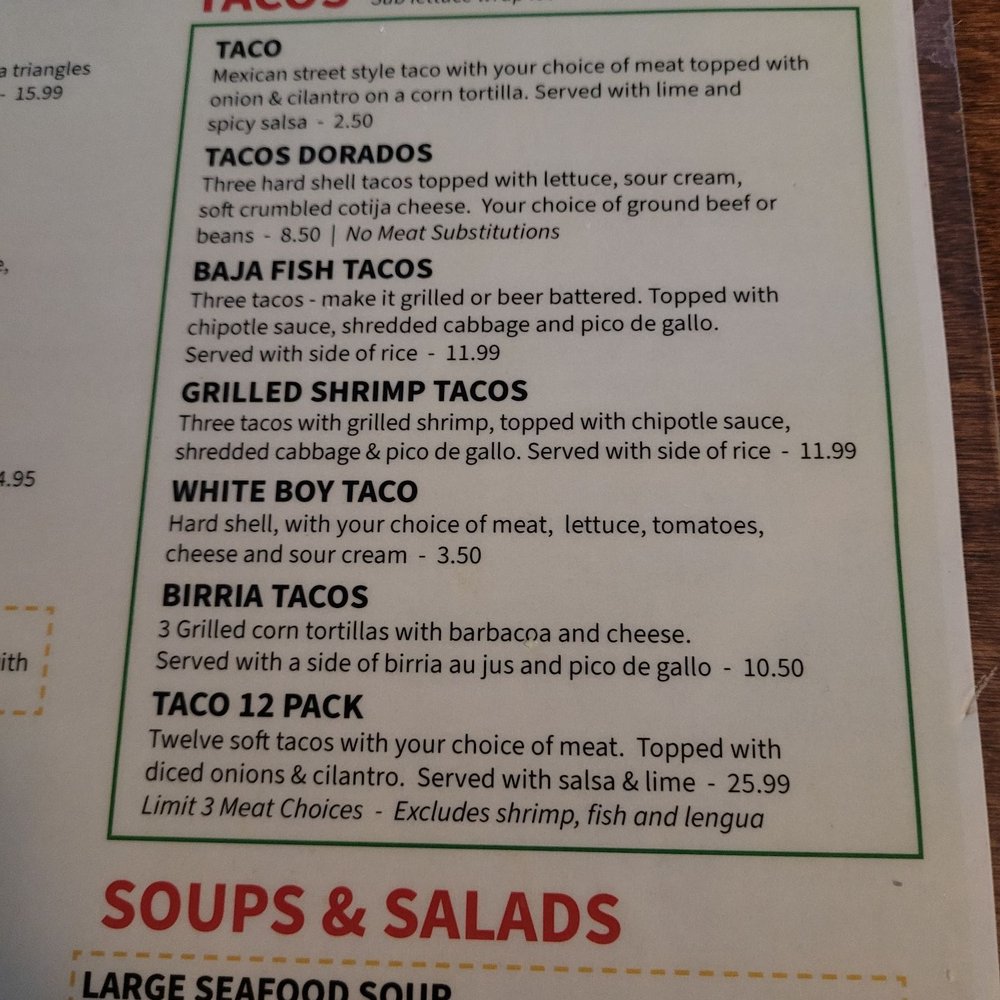 Taco menu Taco menu