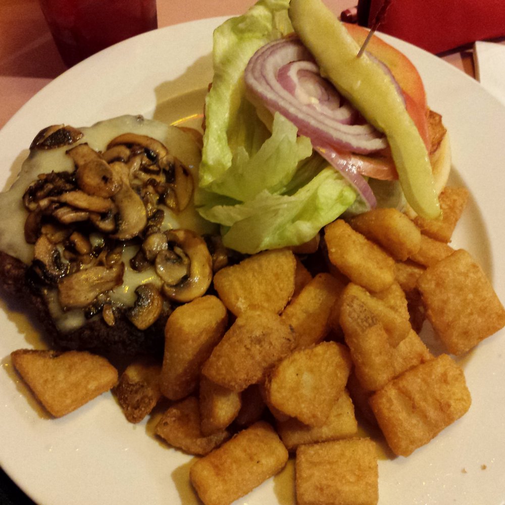 Peggy Sue's - Mushroom Bopper burger with English chips was really good. - Diners Near Me - Mesquite, Nevada