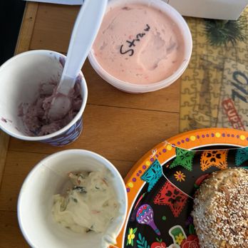 Bagel Stop Cafe - Three different handmade cream cheese flavors strawberry, blueberry and vegetable - Bagels Near Me - Parker, Colorado