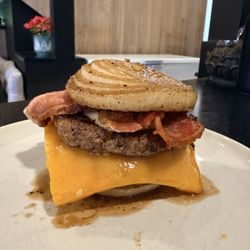 Onion wrapped bacon double cheeseburger