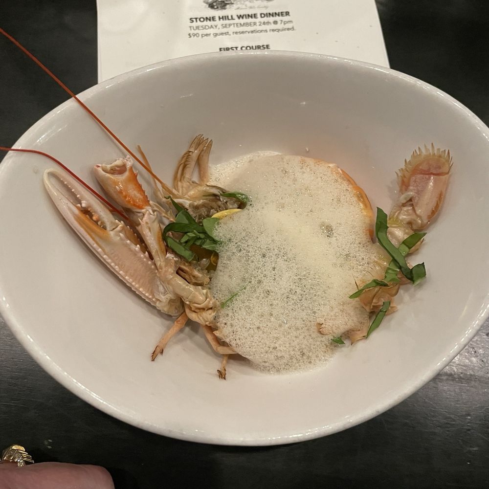 1st course poached langoustine with grapefruit foam