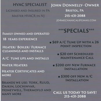 JD Mechanical - 2016 Specials! - Heating & Air Conditioning/HVAC Near Me - Bristol, Pennsylvania JD Mechanical - 2016 Specials! - Heating & Air Conditioning/HVAC Near Me - Bristol, Pennsylvania