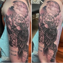 Black Hive Tattoo - Balck and gray crow scene by Colbey Joyce