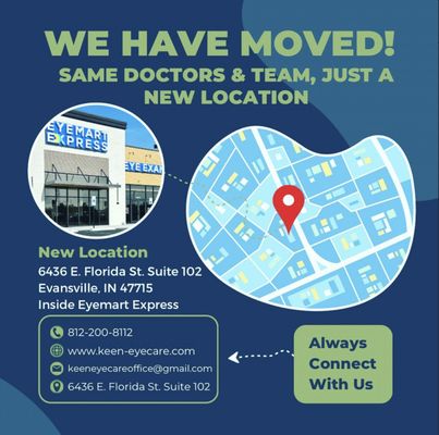 Now Open in Evansville! - We are OPEN in Evansville!
Our team is excited to see all our new & existing patients in our new office. With all the excitement our office is still experiencing very slow internet speeds which is causing some of our phone calls to drop. That being said if you are trying to schedule or order contacts please text our number 812-200-8112 so we can help you!
We thank you for your patience & understanding and are hopeful the IT department gets the issues resolved quickly!
Hope to see your 👀’s soon!
Visit our website to schedule online!
www.keen-eyecare.com Now Open in Evansville! - We are OPEN in Evansville!
Our team is excited to see all our new & existing patients in our new office. With all the excitement our office is still experiencing very slow internet speeds which is causing some of our phone calls to drop. That being said if you are trying to schedule or order contacts please text our number 812-200-8112 so we can help you!
We thank you for your patience & understanding and are hopeful the IT department gets the issues resolved quickly!
Hope to see your 👀’s soon!
Visit our website to schedule online!
www.keen-eyecare.com